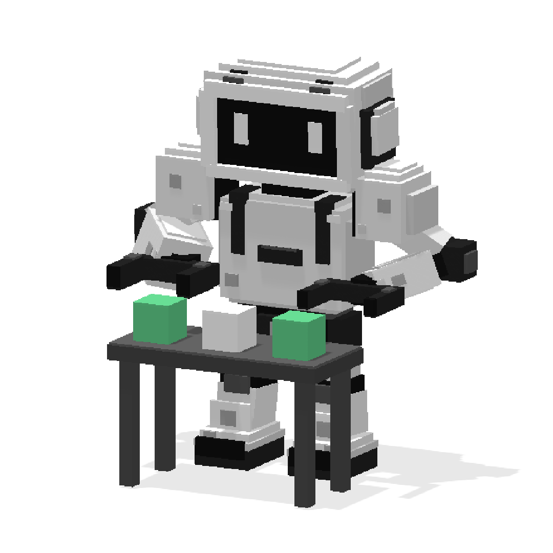White voxel robot assembling two green end blocks and one white center block